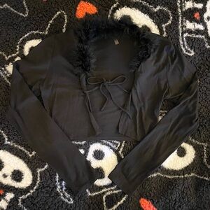 Black Cropped Cardigan with Faux Fur Collar